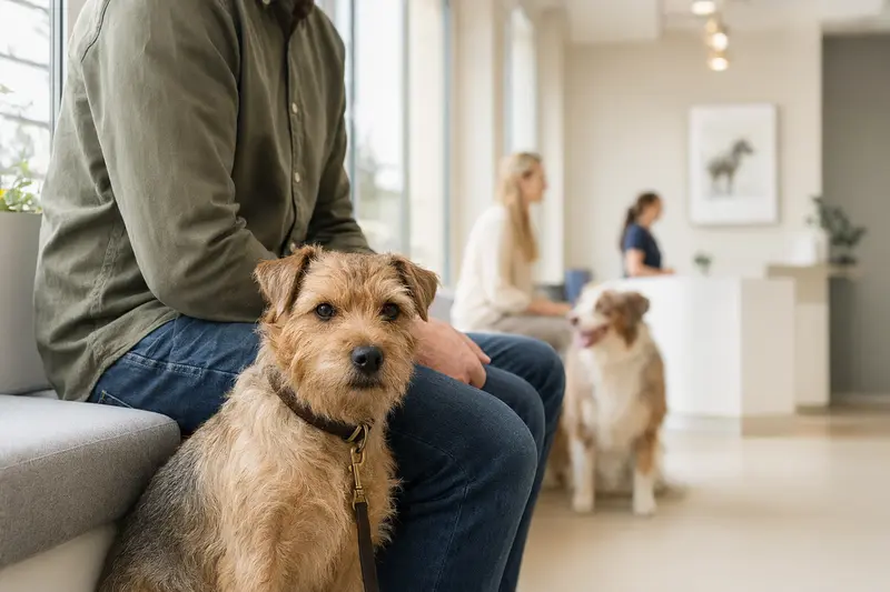 Ein Norfolk-Terrier sitzt ruhig neben seinem Besitzer im hellen Wartezimmer einer modernen Tierarztpraxis.